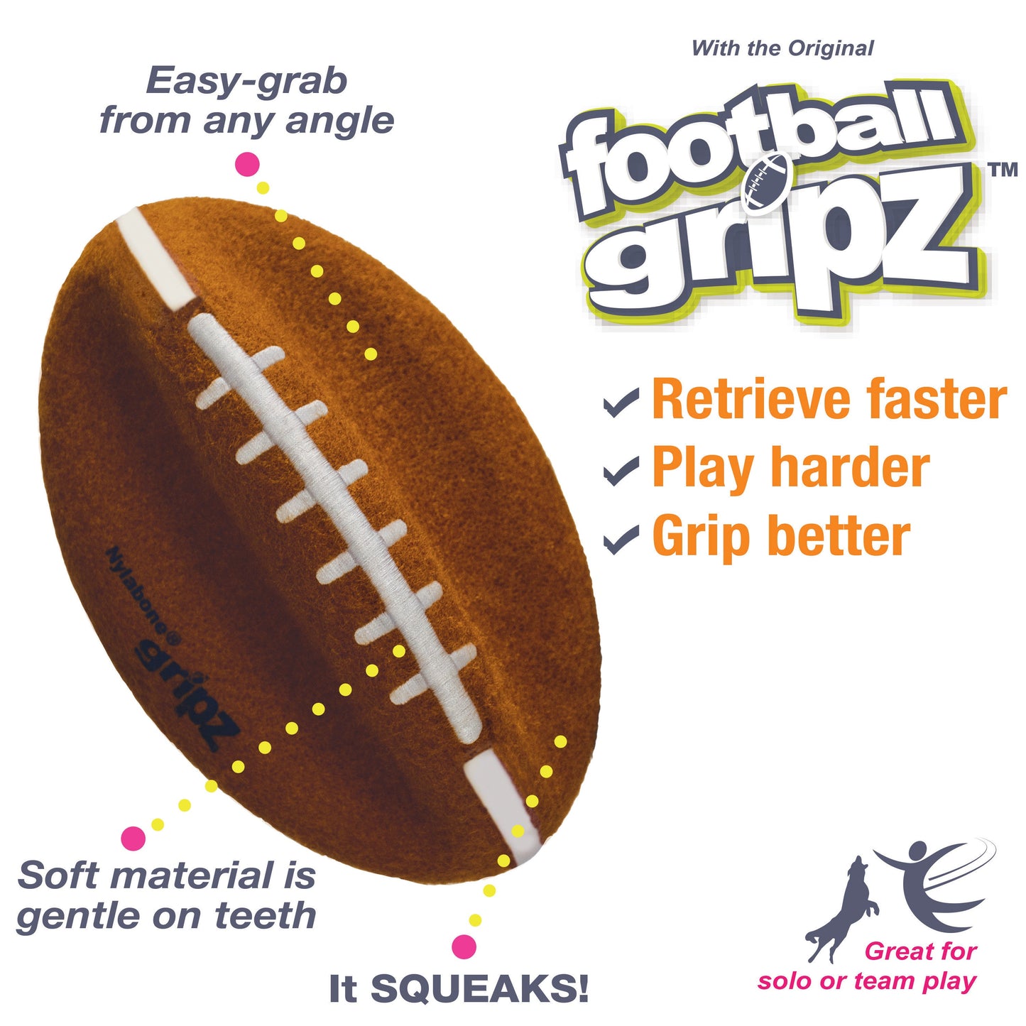 Nylabone Power Play Dog Football Gripz Durable Chew Toy for Medium and Large Dogs