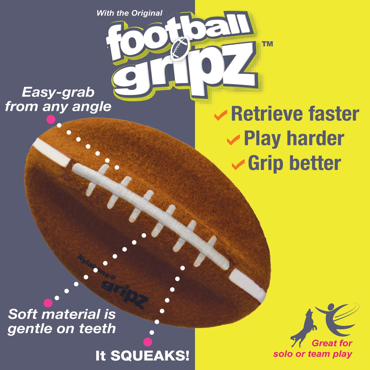 Nylabone Power Play Dog Football Gripz Durable Chew Toy for Medium and Large Dogs