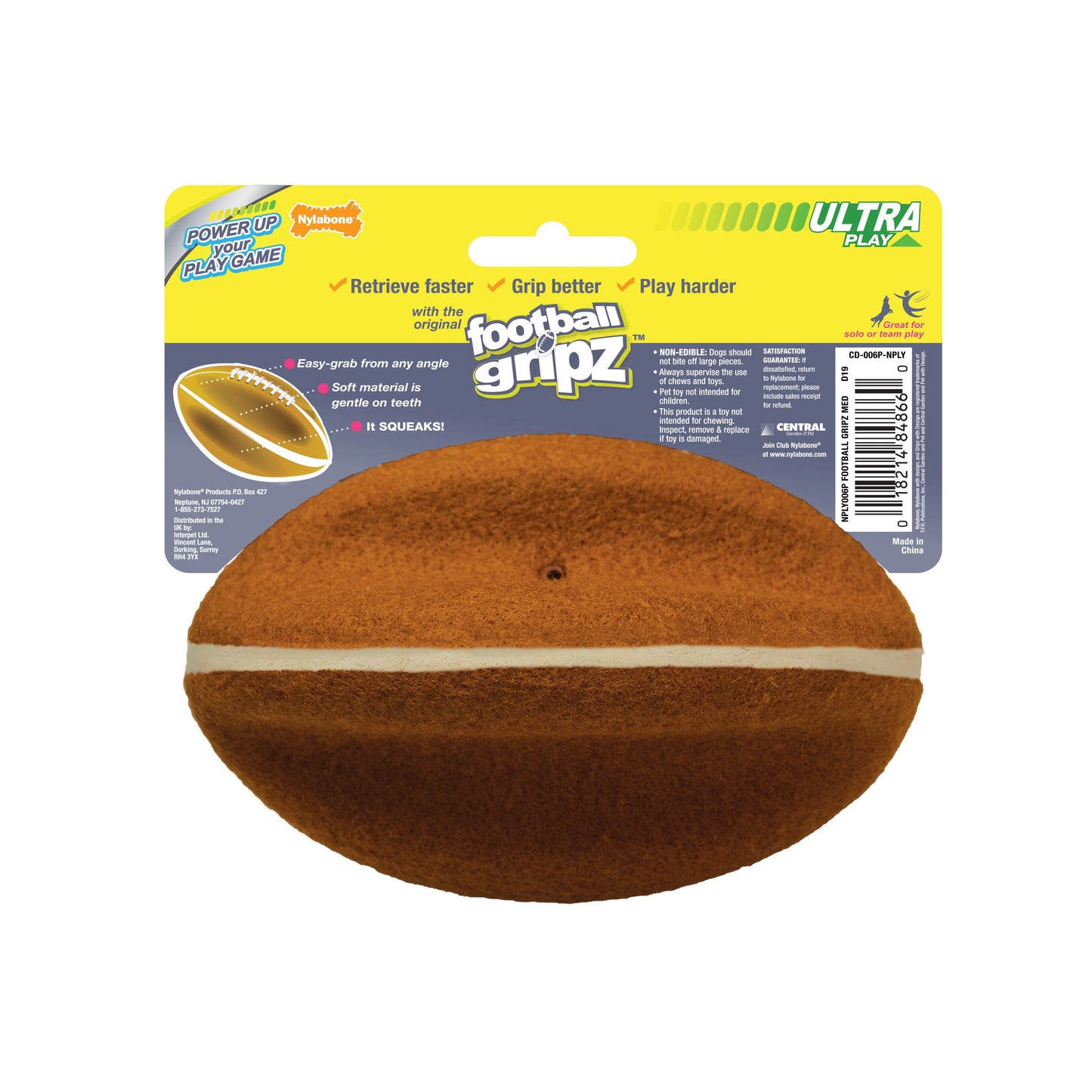 Nylabone Power Play Dog Football Gripz Durable Chew Toy for Medium and Large Dogs