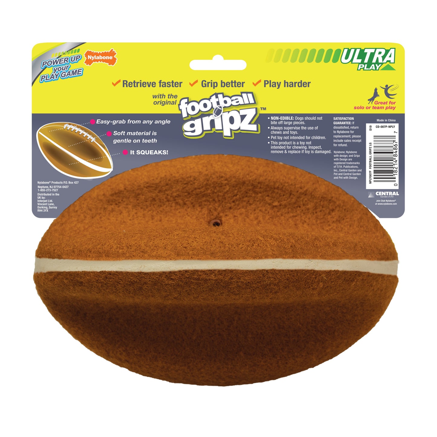 Nylabone Power Play Dog Football Gripz Durable Chew Toy for Medium and Large Dogs