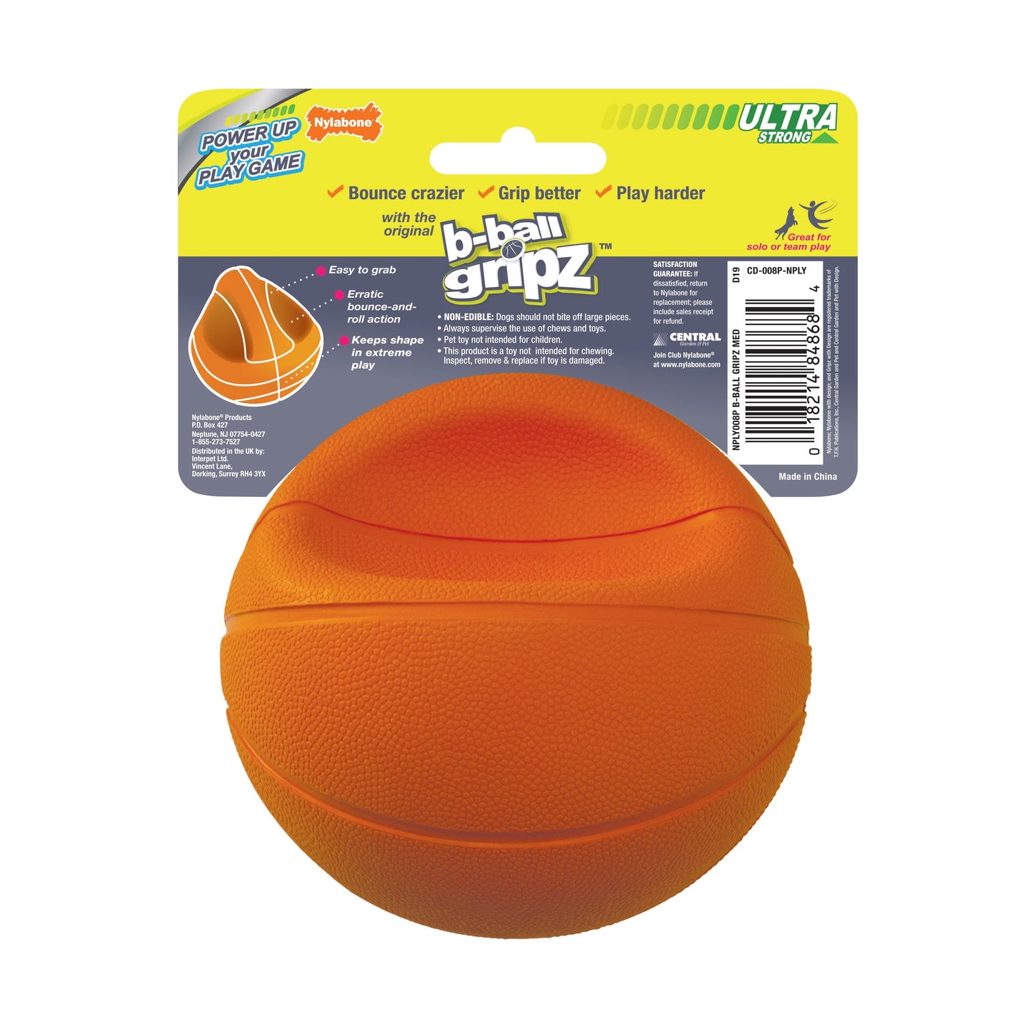 Nylabone Power Play Dog Basketball B-Ball Gripz Durable Chew Toy for Medium to Giant Dogs