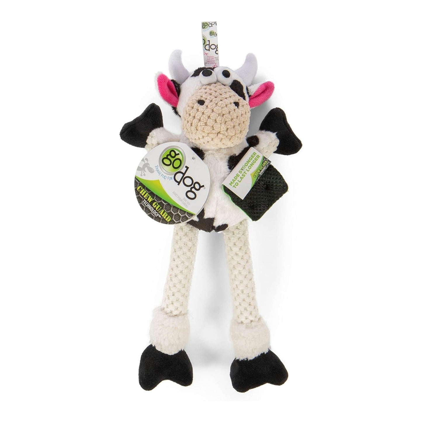 Godog Checkers Skinny Cow Dog Toy Black/White Durable Chew Toy for Dogs