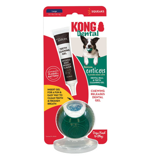 KONG Dental Ball with Tropiclean Enticer Teeth Cleaning Gel Honey Chicken, 1 oz