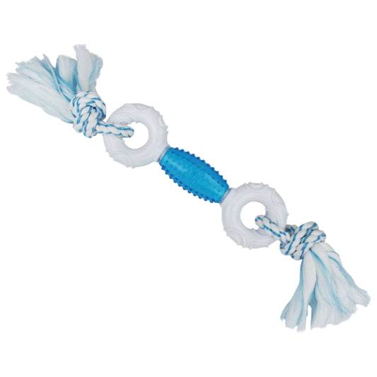 Multipet Canine Clean Peppermint Dumbbell With TPR Core & Rope Ends Dog Toy Blue, White 1ea/11 in