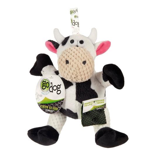 Godog Checkers Sitting Cow Durable Plush Dog Toy Mini Small Black/White Edition